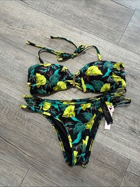 Victoria’s Secret Floral Bandeau Bikini Set with Neon Yellow & Teal Leaves